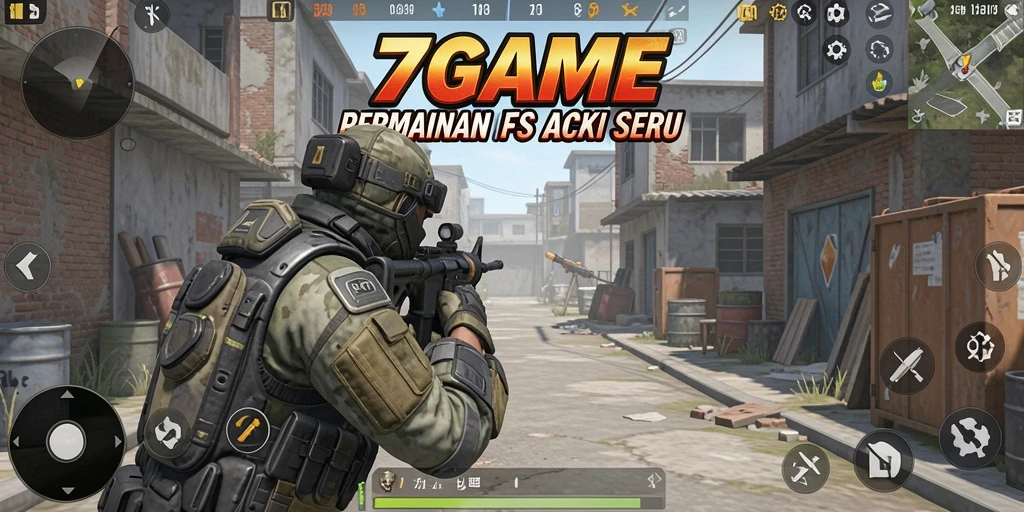 Screenshot gameplay 7GAME yang menunjukkan aksi FPS yang mendebarkan.