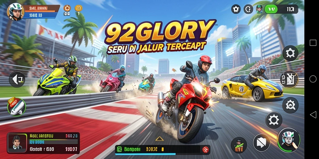 Screenshot gameplay 92GLORY menampilkan mobil balap dalam aksi seru.