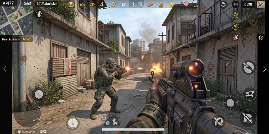 Screenshot utama API77 menampilkan aksi pertempuran seru dalam gameplay TPS.