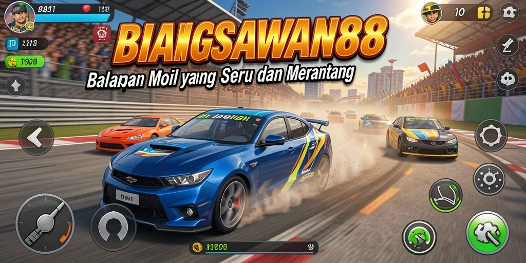 Tampilan balapan intens dalam BANGSAWAN88 dengan mobil yang beraksi.