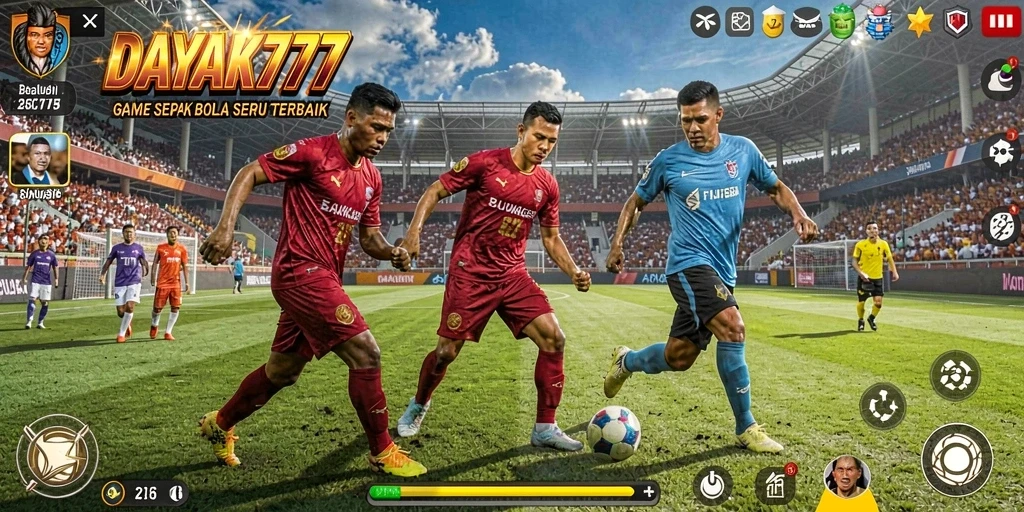 Screenshot utama DAYAK777 menampilkan aksi seru pertandingan sepak bola.