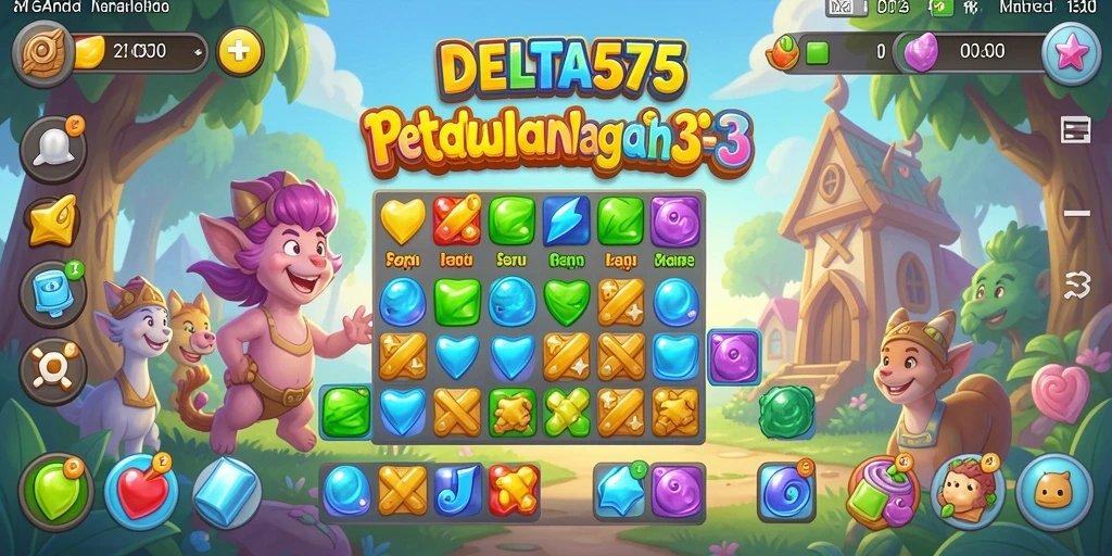 Tangkapan layar gameplay DELTA575 yang menampilkan kombinasi permata warna-warni.