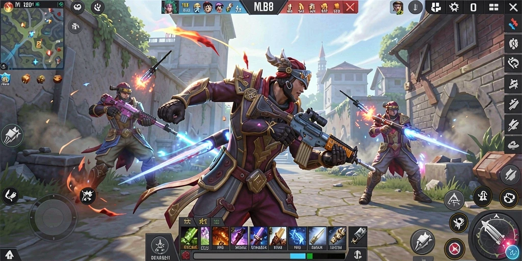 Screenshot gameplay MLBB8 yang menampilkan aksi tembak-menembak intens.