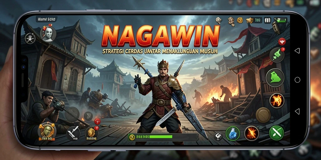 Tangkapan layar gameplay NAGAWIN menampilkan pertarungan strategis yang intens.