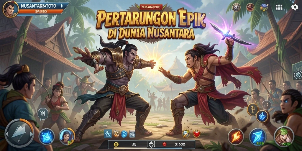 Tampilan tangkapan layar gameplay <strong>NUSANTARATOTO</strong> menampilkan momen pertarungan yang mendebarkan.