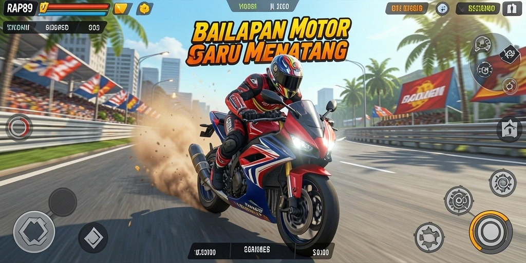 Tampilan gameplay <strong>RAP89</strong> yang menunjukkan aksi balapan motor yang mendebarkan.
