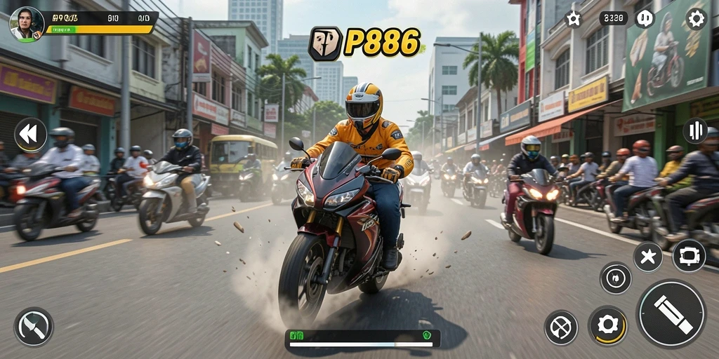 Tampilan gameplay balapan motor yang intens dan menegangkan.