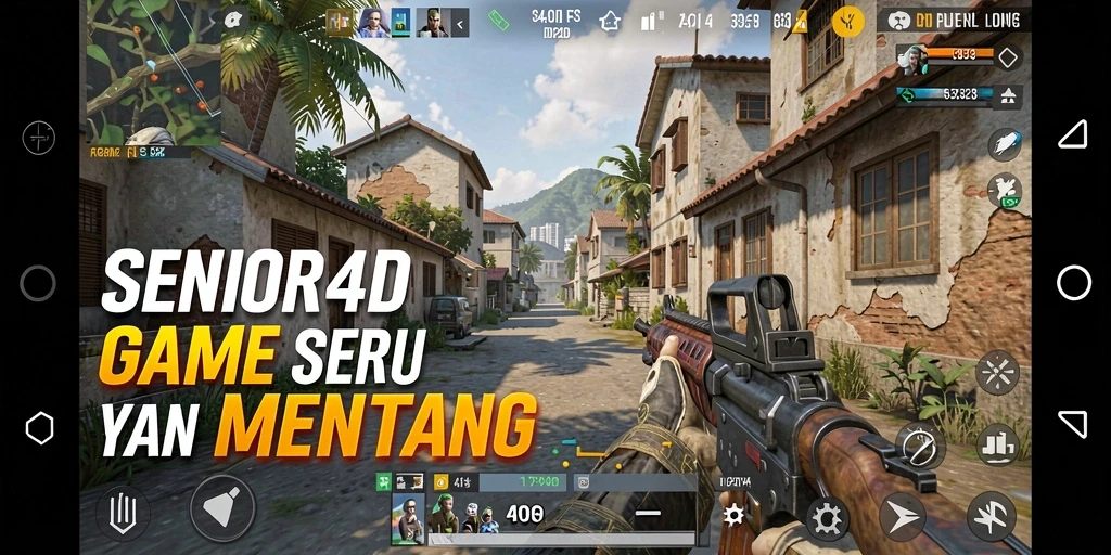 Screenshot utama SENIOR4D menampilkan aksi intens dalam pertempuran FPS.
