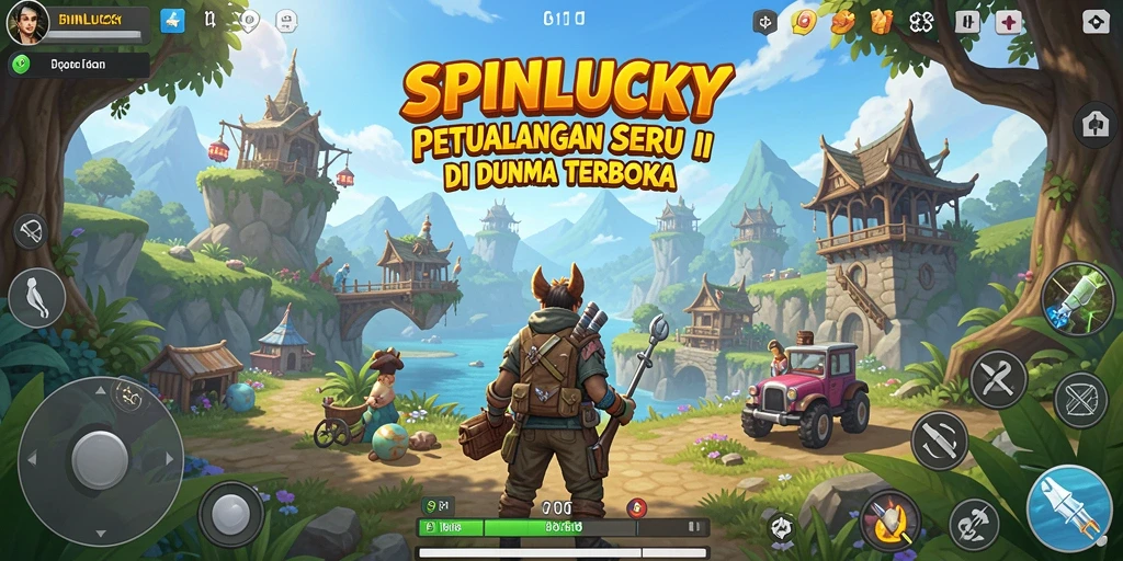 Screenshot utama gameplay SPINLUCKY menampilkan eksplorasi dunia terbuka yang menakjubkan.