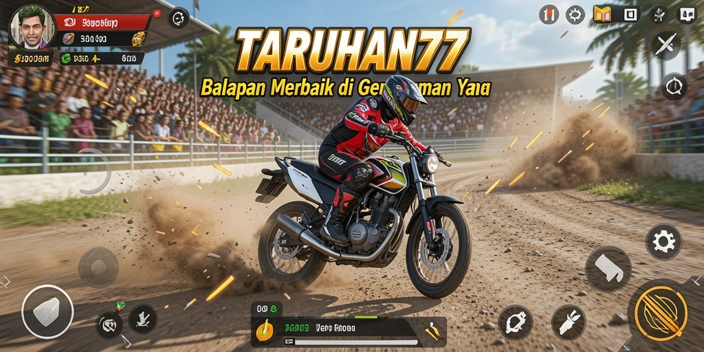 Screenshot gameplay TARUHAN77 menunjukkan aksi balapan motor yang mendebarkan.